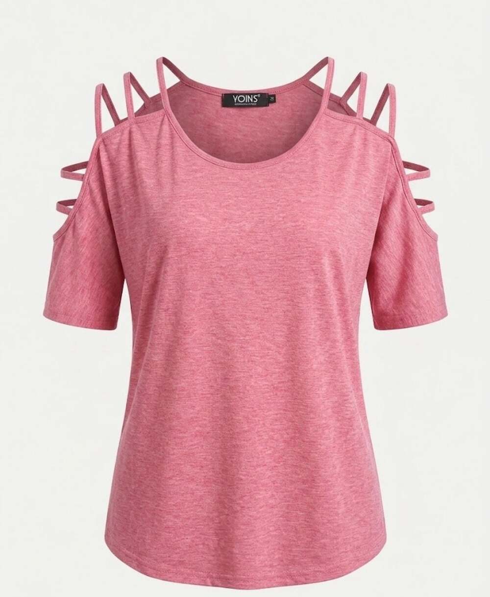 Made by Yoins Women's Loose Short Sleeve Strappy Cold Shoulder Top XL